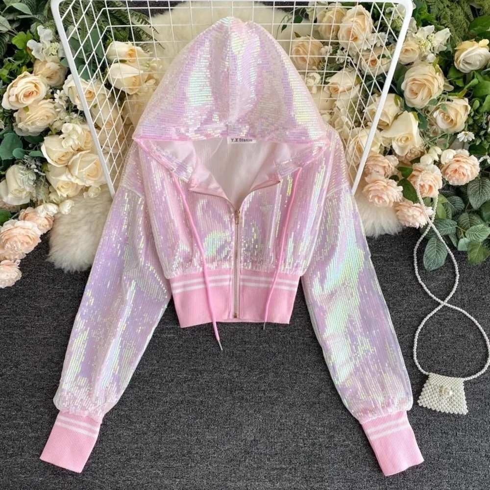 Sequin hoodie bomber jacket shiny sparkle pink black white stripe sporty womens - Picture 4 of 9